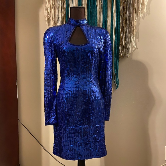 Niteline Dresses & Skirts - Vintage Royal Blue Sequin Dress | Key Hole Cut Out